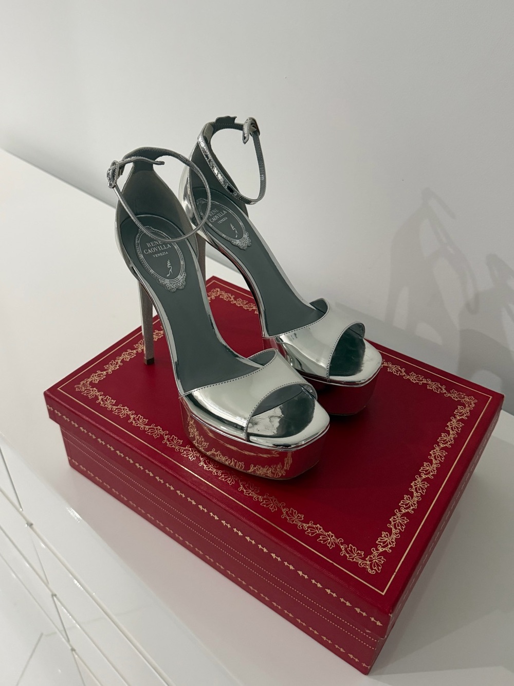 Rene Caovilla Silver Metallic Platform Ankle-Strap Heels